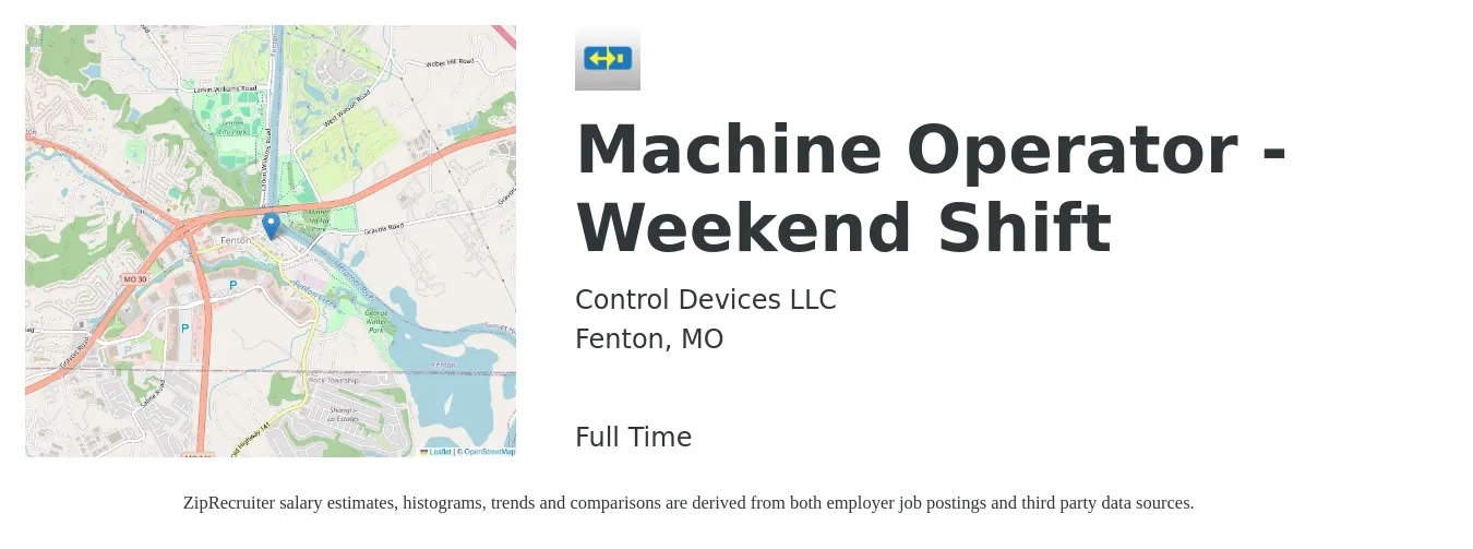 Control Devices LLC job posting for a Machine Operator - Weekend Shift in Fenton, MO with a salary of $16 to $20 Hourly with a map of Fenton location.