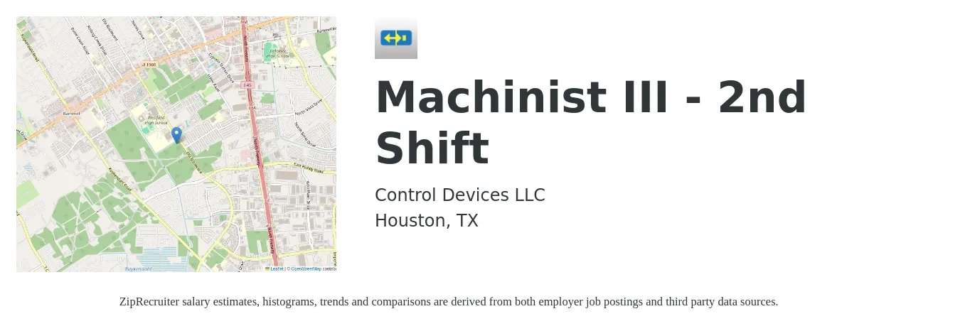 Control Devices LLC job posting for a Machinist III - 2nd Shift in Houston, TX with a salary of $18 to $24 Hourly with a map of Houston location.