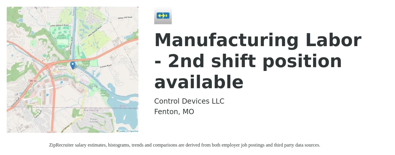 Control Devices LLC job posting for a Manufacturing Labor - 2nd shift position available in Fenton, MO with a salary of $16 to $20 Hourly with a map of Fenton location.