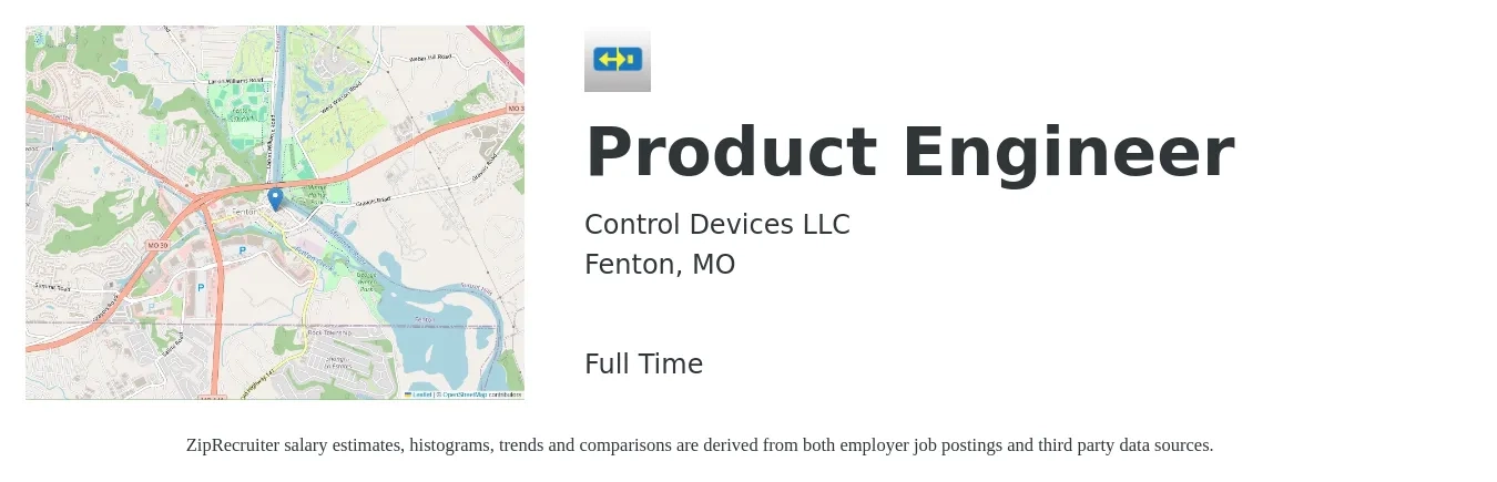 Control Devices LLC job posting for a Product Engineer in Fenton, MO with a salary of $84,300 to $196,400 Yearly with a map of Fenton location.