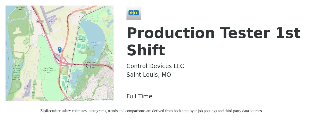 Control Devices LLC job posting for a Production Tester 1st Shift in Saint Louis, MO with a salary of $17 to $23 Hourly with a map of Saint Louis location.