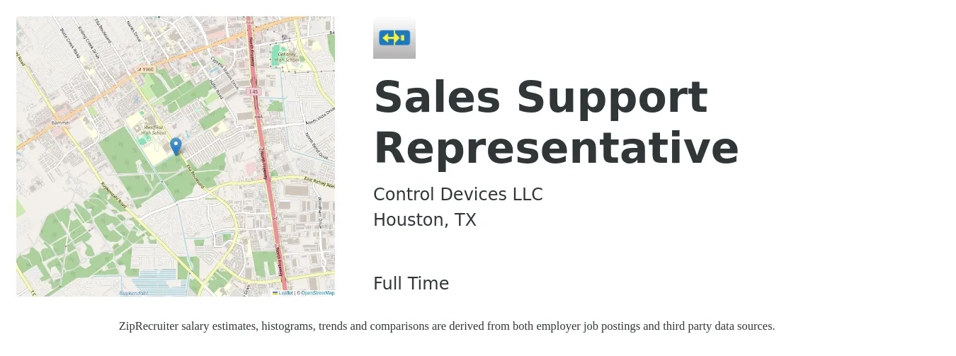 Control Devices LLC job posting for a Sales Support Representative in Houston, TX with a salary of $17 to $24 Hourly with a map of Houston location.
