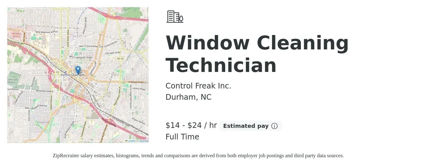 Control Freak Inc. job posting for a Window Cleaning Technician in Durham, NC with a salary of $15 to $25 Hourly with a map of Durham location.