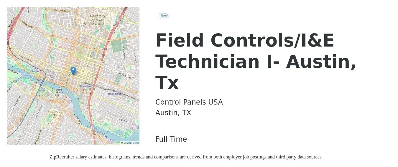 Control Panels USA job posting for a Field Controls/I&E Technician I- Austin, Tx in Austin, TX with a salary of $20 to $27 Hourly with a map of Austin location.