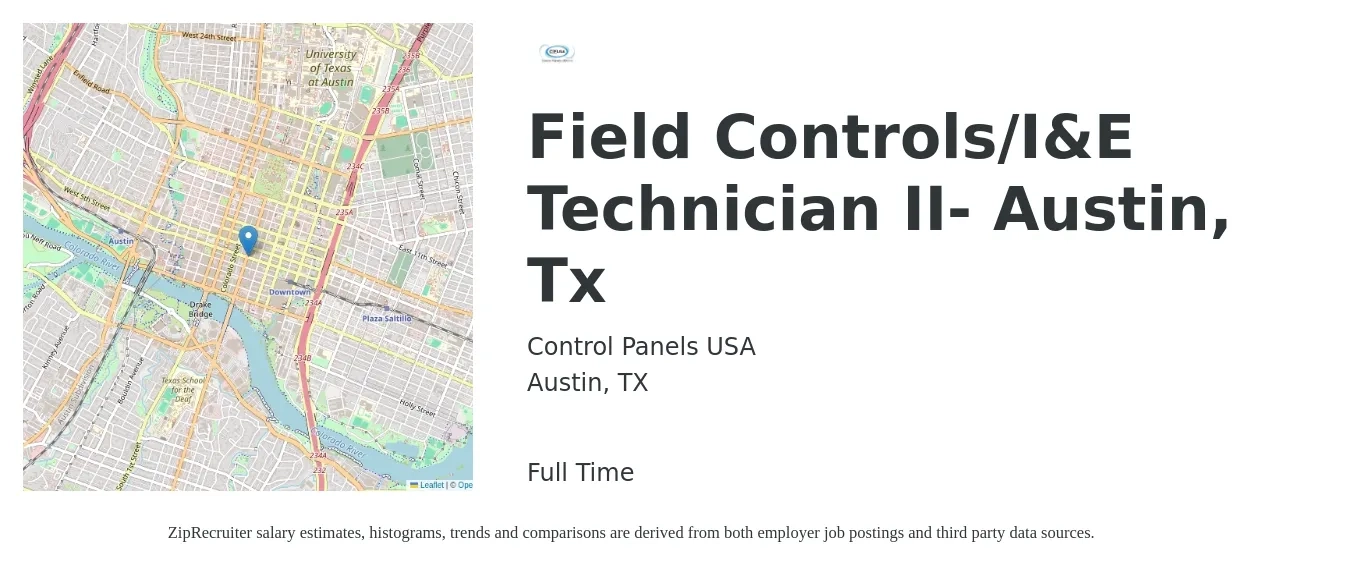 Control Panels USA job posting for a Field Controls/I&E Technician II- Austin, Tx in Austin, TX with a salary of $20 to $30 Hourly with a map of Austin location.