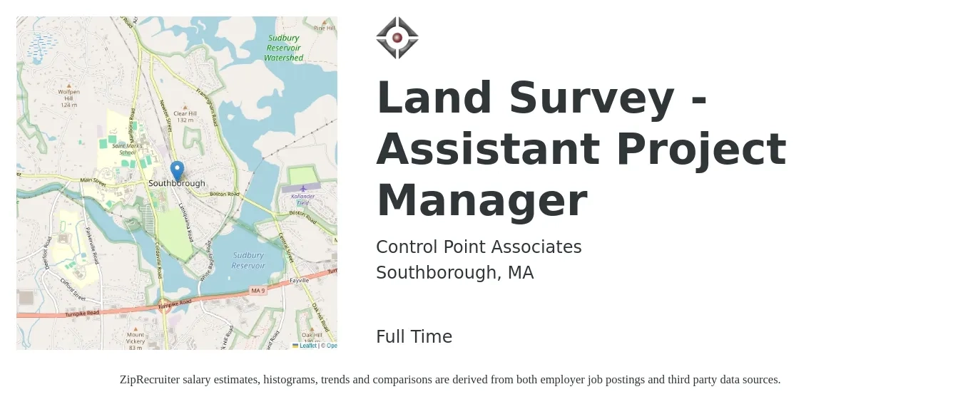 Control Point Associates job posting for a Land Survey - Assistant Project Manager in Southborough, MA with a salary of $53,600 to $88,200 Yearly with a map of Southborough location.