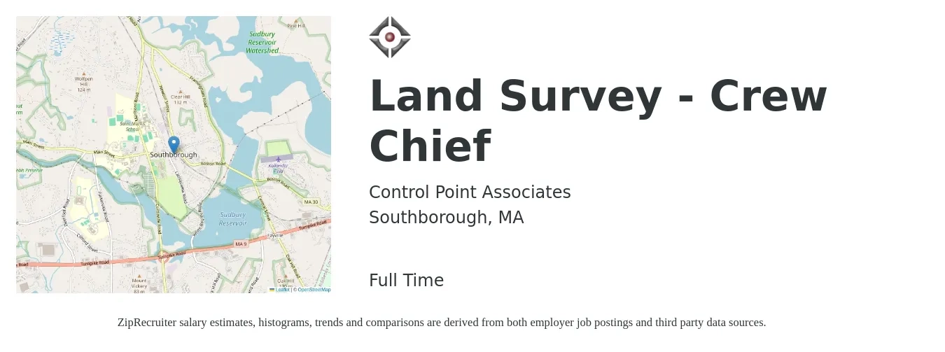 Control Point Associates job posting for a Land Survey - Crew Chief in Southborough, MA with a salary of $25 to $38 Hourly with a map of Southborough location.