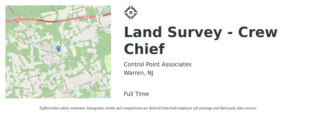 Control Point Associates job posting for a Land Survey - Crew Chief in Warren, NJ with a salary of $26 to $39 Hourly with a map of Warren location.