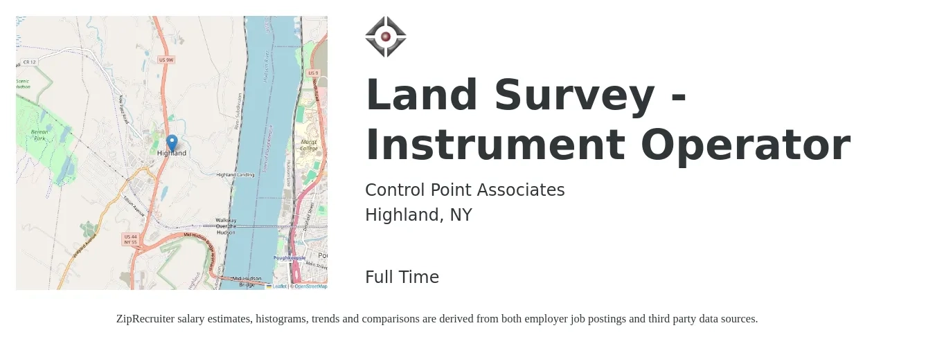 Control Point Associates job posting for a Land Survey - Instrument Operator in Highland, NY with a salary of $19 to $24 Hourly with a map of Highland location.