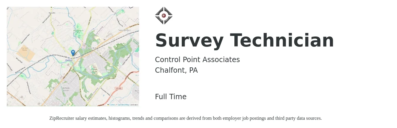 Control Point Associates job posting for a Survey Technician in Chalfont, PA with a salary of $37,700 to $56,600 Yearly with a map of Chalfont location.