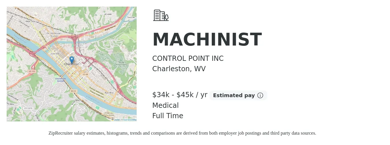 CONTROL POINT INC job posting for a MACHINIST in Charleston, WV with a salary of $34,000 to $45,000 Yearly and benefits including medical with a map of Charleston location.