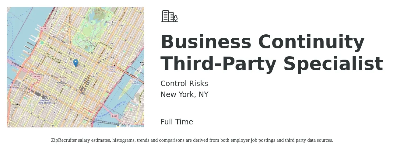 Control Risks job posting for a Business Continuity Third-Party Specialist in New York, NY with a salary of $120,000 to $140,000 Yearly with a map of New York location.