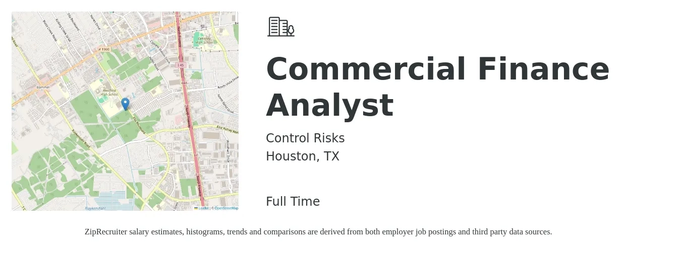 Control Risks job posting for a Commercial Finance Analyst in Houston, TX with a salary of $49,700 to $186,200 Yearly with a map of Houston location.