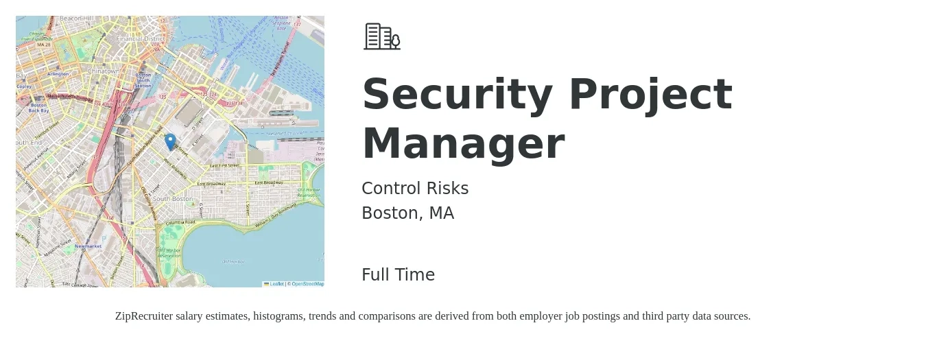 Control Risks job posting for a Security Project Manager in Boston, MA with a salary of $78,800 to $125,500 Yearly with a map of Boston location.