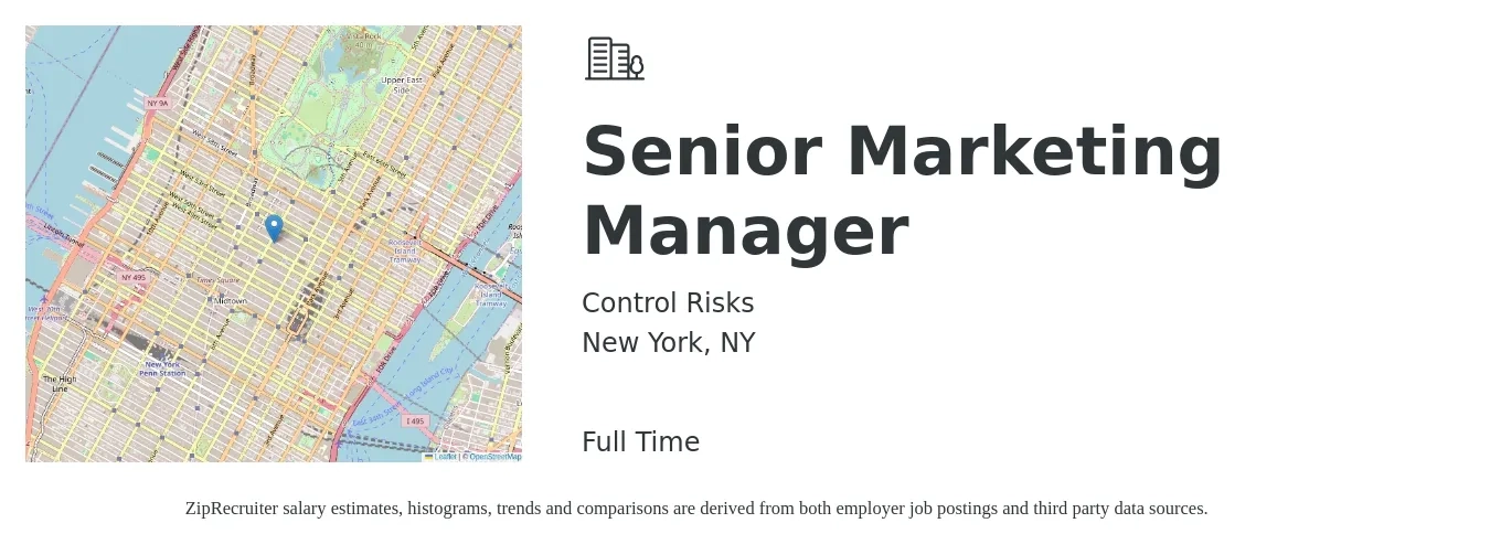 Control Risks job posting for a Senior Marketing Manager in New York, NY with a salary of $98,500 to $143,300 Yearly with a map of New York location.
