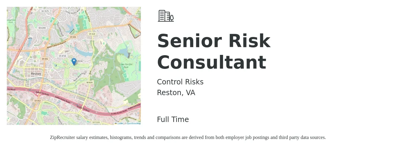 Control Risks job posting for a Senior Risk Consultant in Reston, VA with a salary of $47 to $63 Hourly with a map of Reston location.