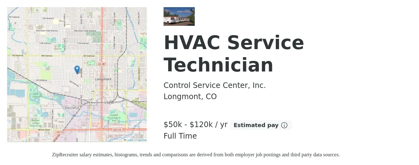 Control Service Center, Inc. job posting for a HVAC Service Technician in Longmont, CO with a salary of $50,000 to $120,000 Yearly with a map of Longmont location.