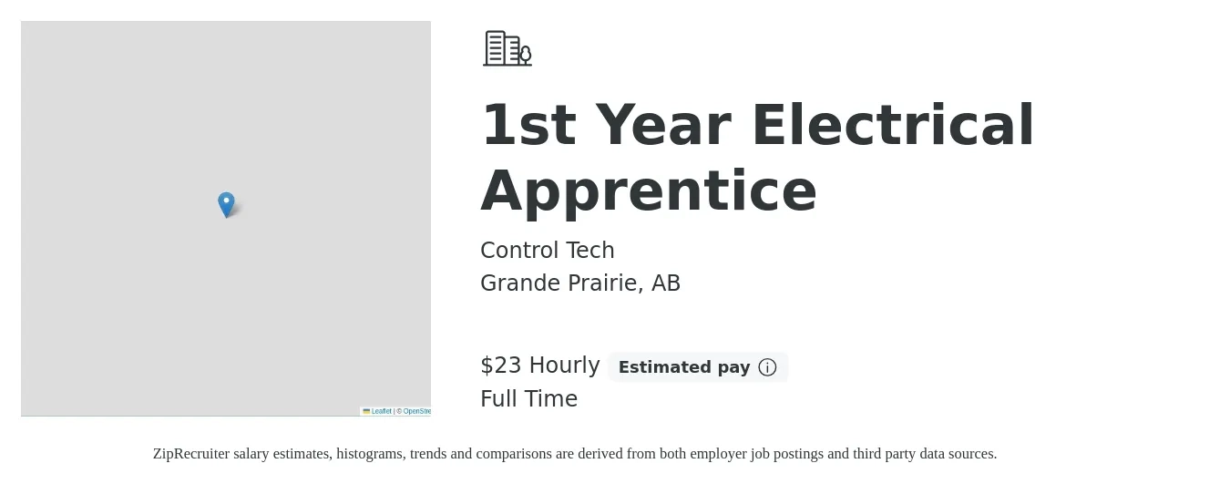 Control Tech job posting for a 1st Year Electrical Apprentice in Grande Prairie, AB with a salary of $24 Hourly with a map of Grande Prairie location.