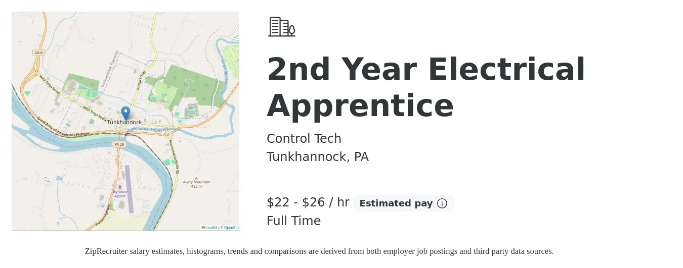 Control Tech job posting for a 2nd Year Electrical Apprentice in Tunkhannock, PA with a salary of $23 to $28 Hourly with a map of Tunkhannock location.