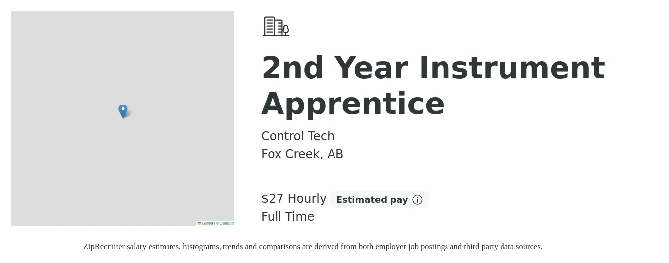 Control Tech job posting for a 2nd Year Instrument Apprentice in Fox Creek, AB with a salary of $29 Hourly with a map of Fox Creek location.