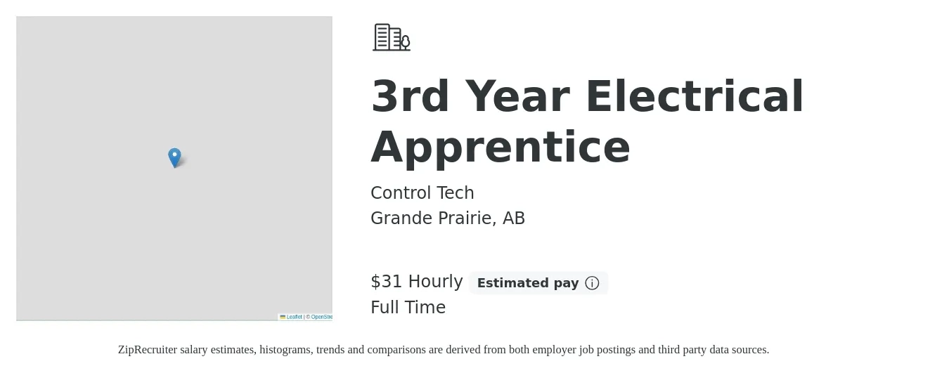 Control Tech job posting for a 3rd Year Electrical Apprentice in Grande Prairie, AB with a salary of $33 Hourly with a map of Grande Prairie location.
