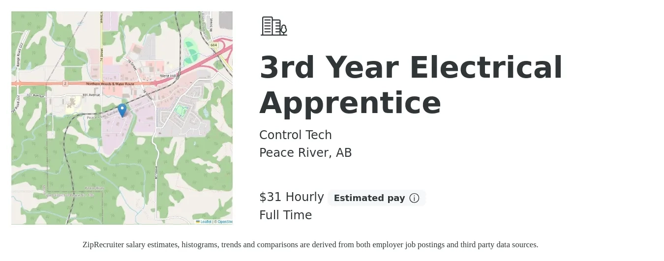 Control Tech job posting for a 3rd Year Electrical Apprentice in Peace River, AB with a salary of $33 Hourly with a map of Peace River location.