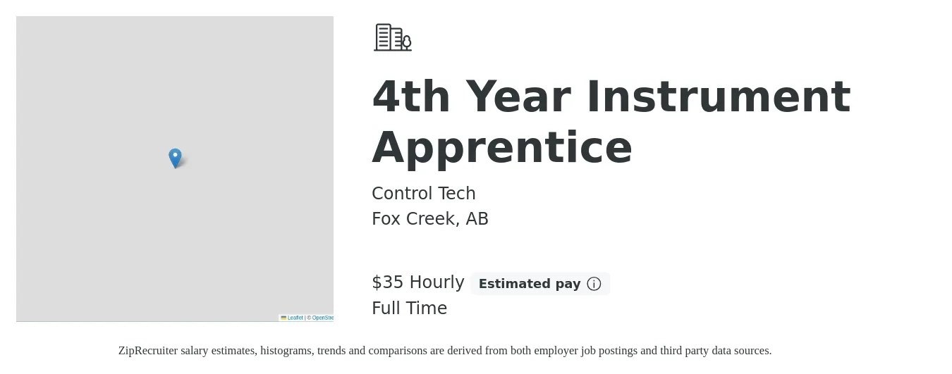 Control Tech job posting for a 4th Year Instrument Apprentice in Fox Creek, AB with a salary of $37 Hourly with a map of Fox Creek location.