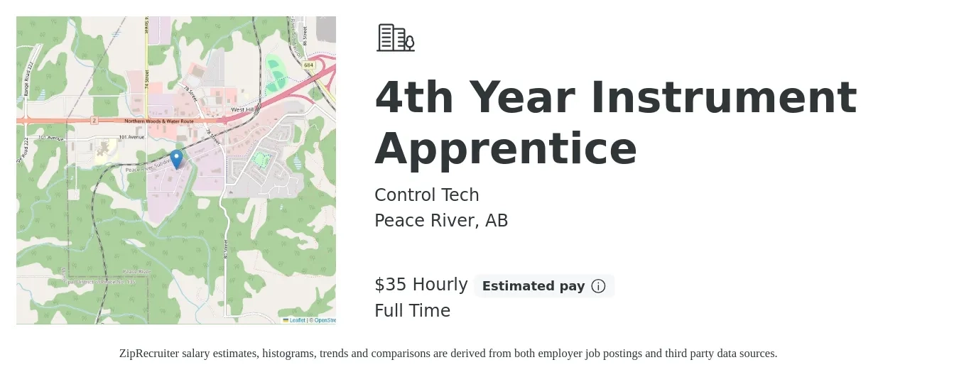 Control Tech job posting for a 4th Year Instrument Apprentice in Peace River, AB with a salary of $37 Hourly with a map of Peace River location.