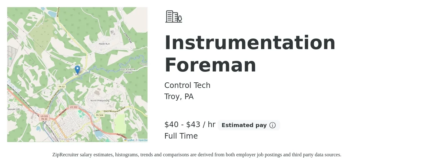 Control Tech job posting for a Instrumentation Foreman in Troy, PA with a salary of $42 to $45 Hourly with a map of Troy location.