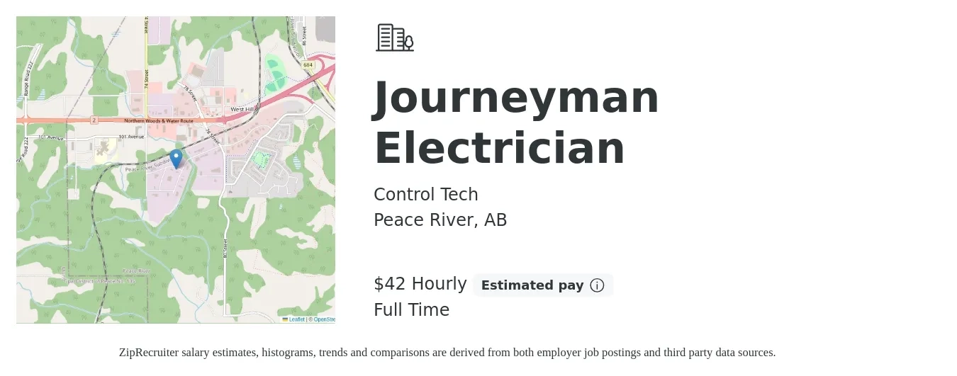 Control Tech job posting for a Journeyman Electrician in Peace River, AB with a salary of $44 Hourly with a map of Peace River location.