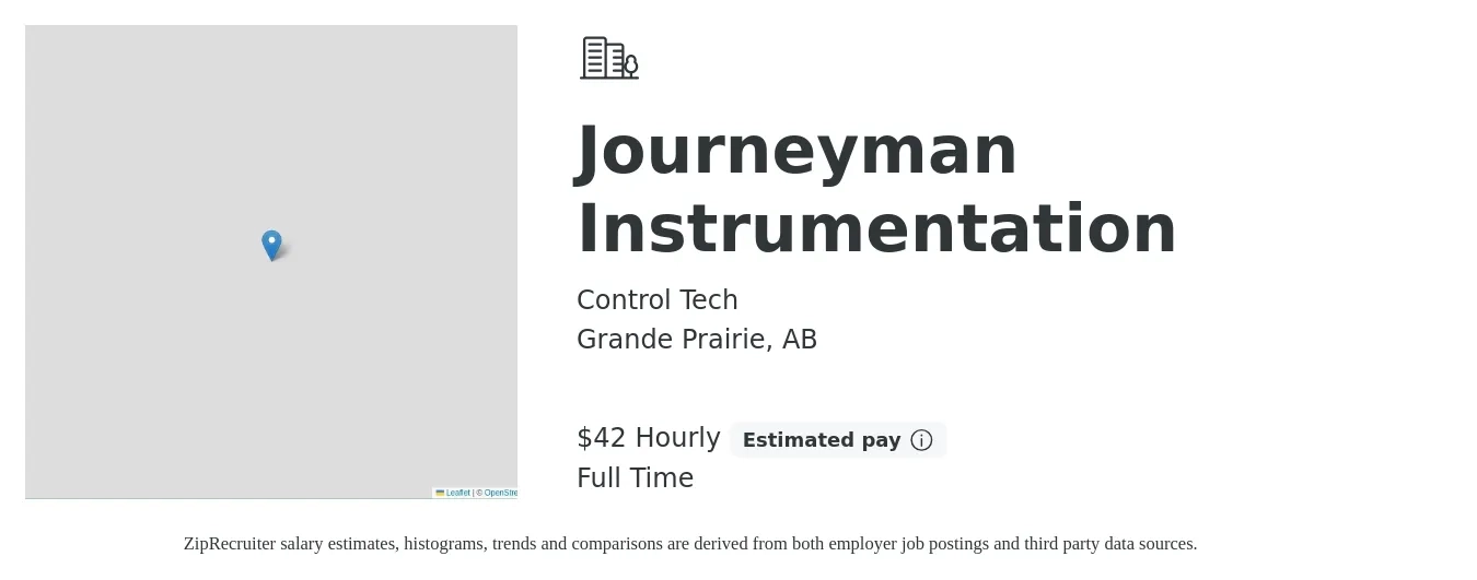 Control Tech job posting for a Journeyman Instrumentation in Grande Prairie, AB with a salary of $44 Hourly with a map of Grande Prairie location.