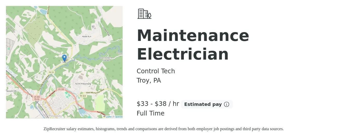 Control Tech job posting for a Maintenance Electrician in Troy, PA with a salary of $35 to $40 Hourly with a map of Troy location.