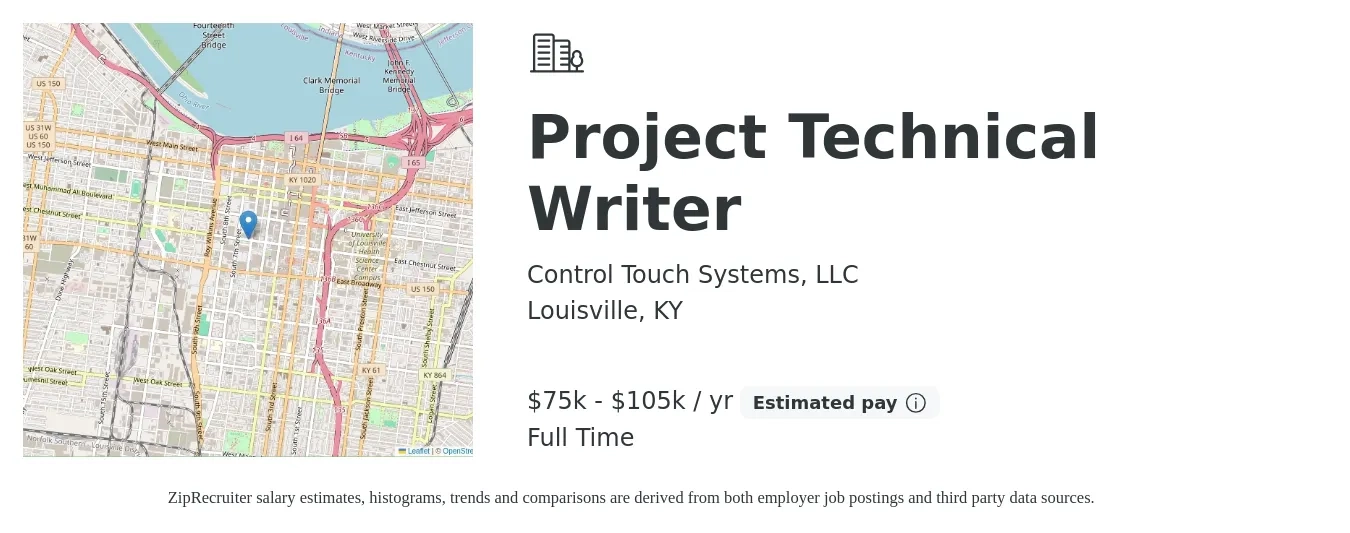Control Touch Systems, LLC job posting for a Project Technical Writer in Louisville, KY with a salary of $75,000 to $105,000 Yearly with a map of Louisville location.