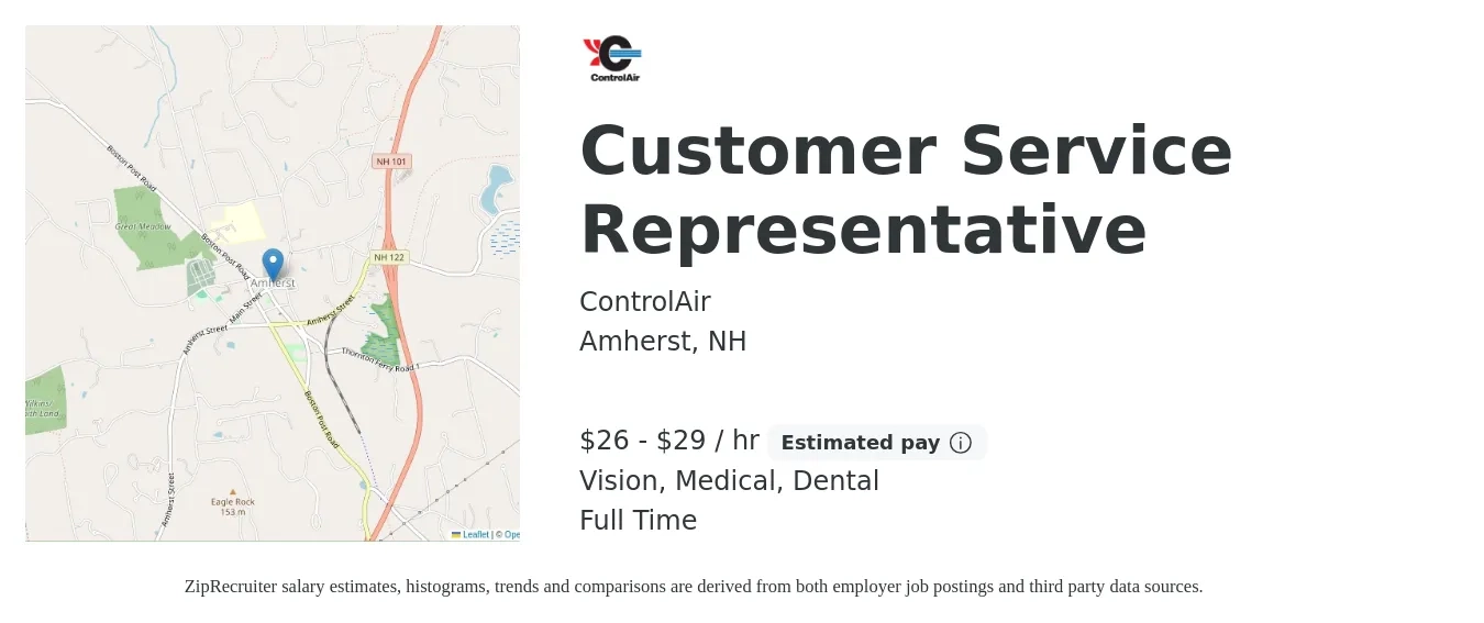 ControlAir job posting for a Customer Service Representative in Amherst, NH with a salary of $28 to $31 Hourly and benefits including dental, life_insurance, medical, pto, retirement, and vision with a map of Amherst location.