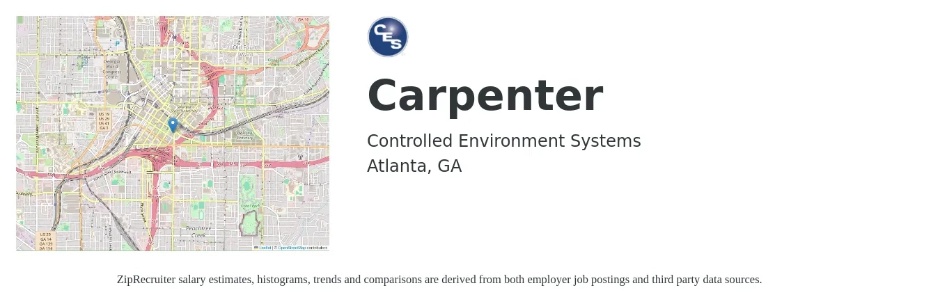 Controlled Environment Systems job posting for a Carpenter in Atlanta, GA with a salary of $21 to $28 Hourly with a map of Atlanta location.