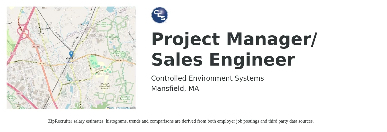 Controlled Environment Systems job posting for a Project Manager/ Sales Engineer in Mansfield, MA with a salary of $78,300 to $89,500 Yearly with a map of Mansfield location.