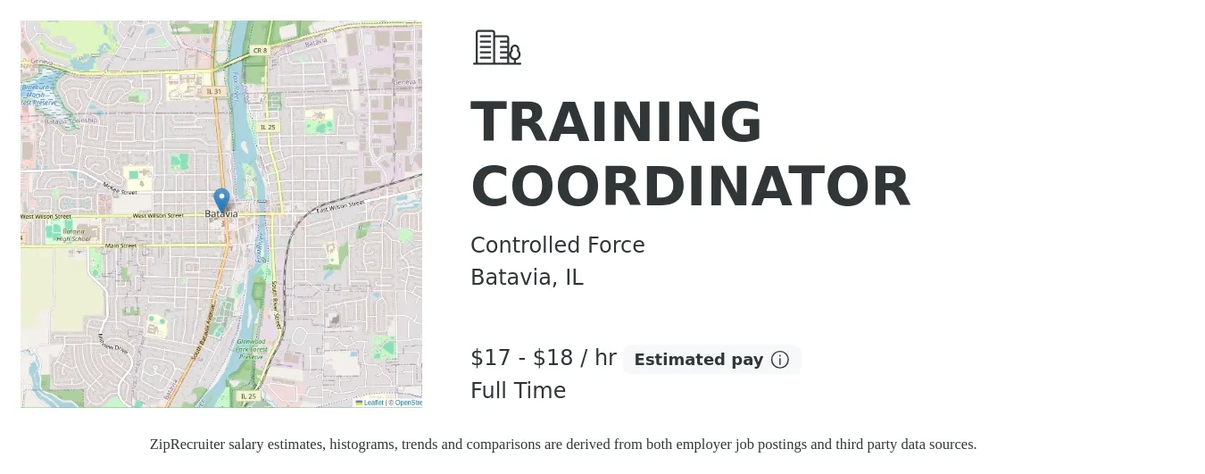 Controlled Force job posting for a TRAINING COORDINATOR in Batavia, IL with a salary of $18 to $19 Hourly with a map of Batavia location.