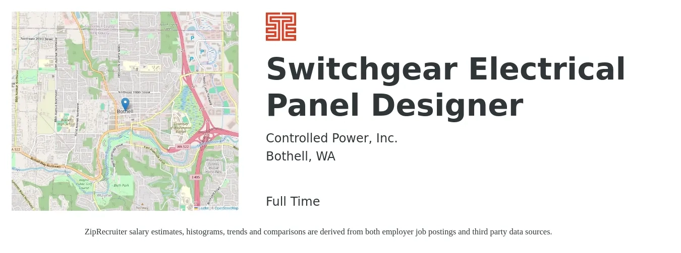 Controlled Power, Inc. job posting for a Switchgear Electrical Panel Designer in Bothell, WA with a salary of $43 to $50 Hourly with a map of Bothell location.