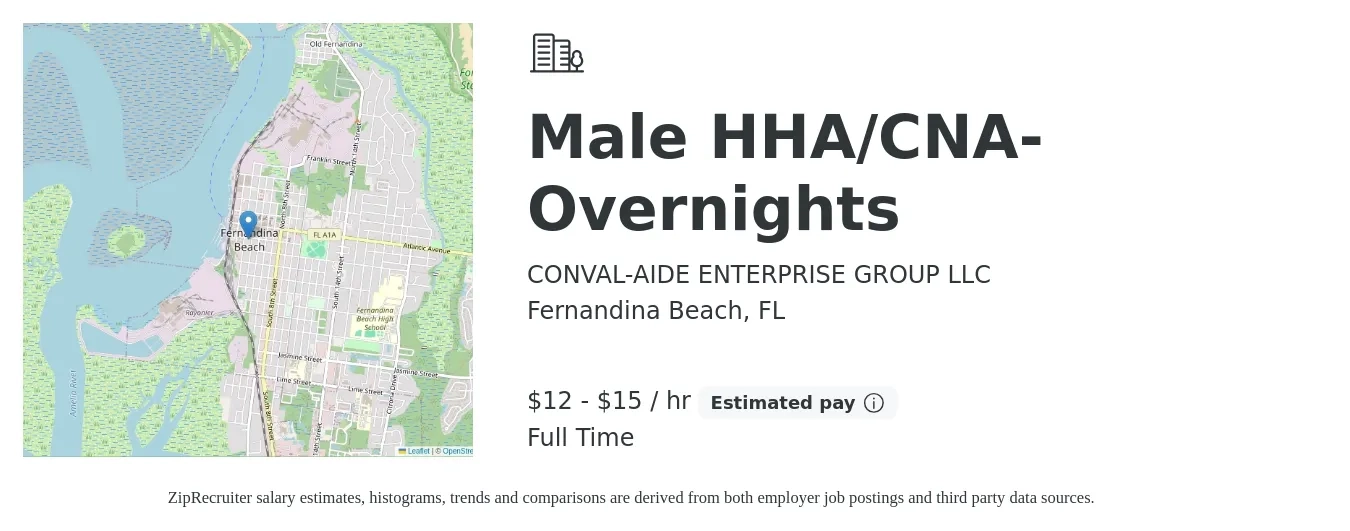 CONVAL-AIDE ENTERPRISE GROUP LLC job posting for a Male HHA/CNA- Overnights in Fernandina Beach, FL with a salary of $13 to $16 Hourly with a map of Fernandina Beach location.