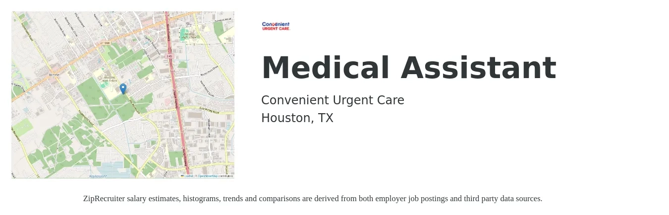 Convenient Urgent Care job posting for a Medical Assistant in Houston, TX with a salary of $13 to $18 Hourly with a map of Houston location.