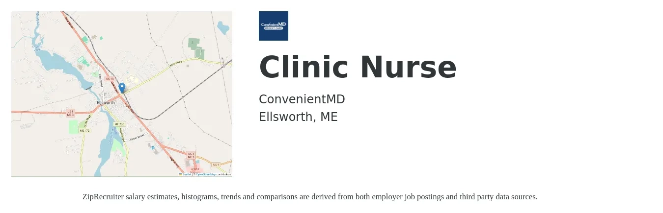 ConvenientMD job posting for a Clinic Nurse in Ellsworth, ME with a salary of $32 to $46 Hourly with a map of Ellsworth location.