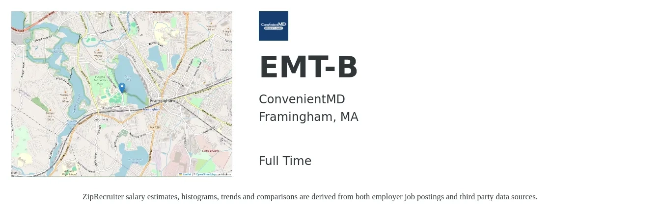 ConvenientMD job posting for a EMT-B in Framingham, MA with a salary of $20 to $27 Hourly with a map of Framingham location.