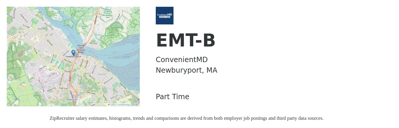 ConvenientMD job posting for a EMT-B in Newburyport, MA with a salary of $19 to $26 Hourly with a map of Newburyport location.