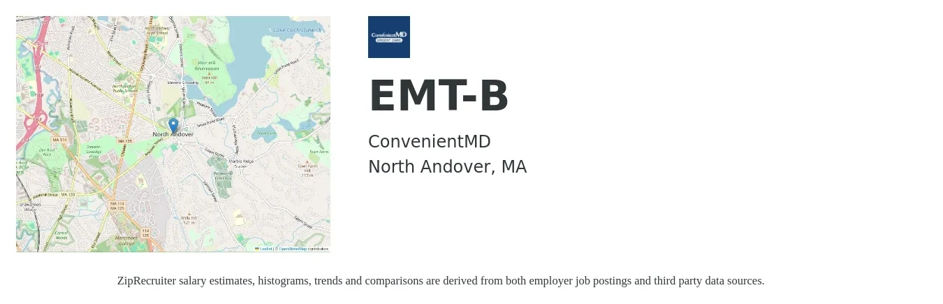 ConvenientMD job posting for a EMT-B in North Andover, MA with a salary of $18 to $25 Hourly with a map of North Andover location.
