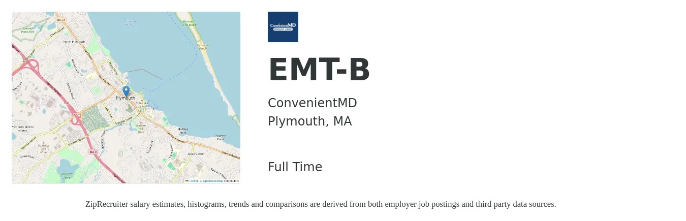 ConvenientMD job posting for a EMT-B in Plymouth, MA with a salary of $19 to $26 Hourly with a map of Plymouth location.
