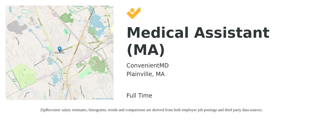 ConvenientMD job posting for a Medical Assistant (MA) in Plainville, MA with a salary of $18 to $22 Hourly with a map of Plainville location.