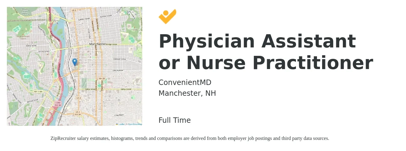 ConvenientMD job posting for a Physician Assistant or Nurse Practitioner in Manchester, NH with a salary of $108,500 to $140,400 Yearly with a map of Manchester location.