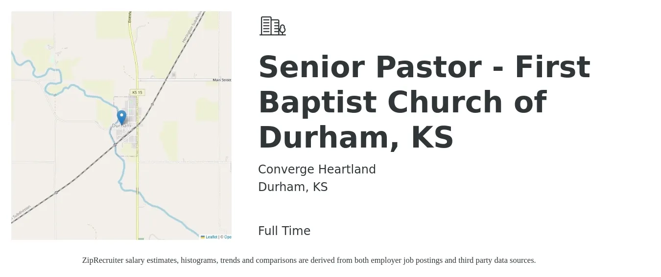 Converge Heartland job posting for a Senior Pastor - First Baptist Church of Durham, KS in Durham, KS with a salary of $60,000 Yearly with a map of Durham location.