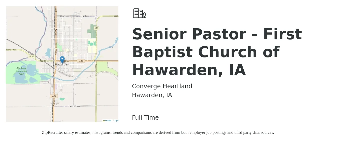 Converge Heartland job posting for a Senior Pastor - First Baptist Church of Hawarden, IA in Hawarden, IA with a salary of $46,600 to $70,900 Yearly with a map of Hawarden location.