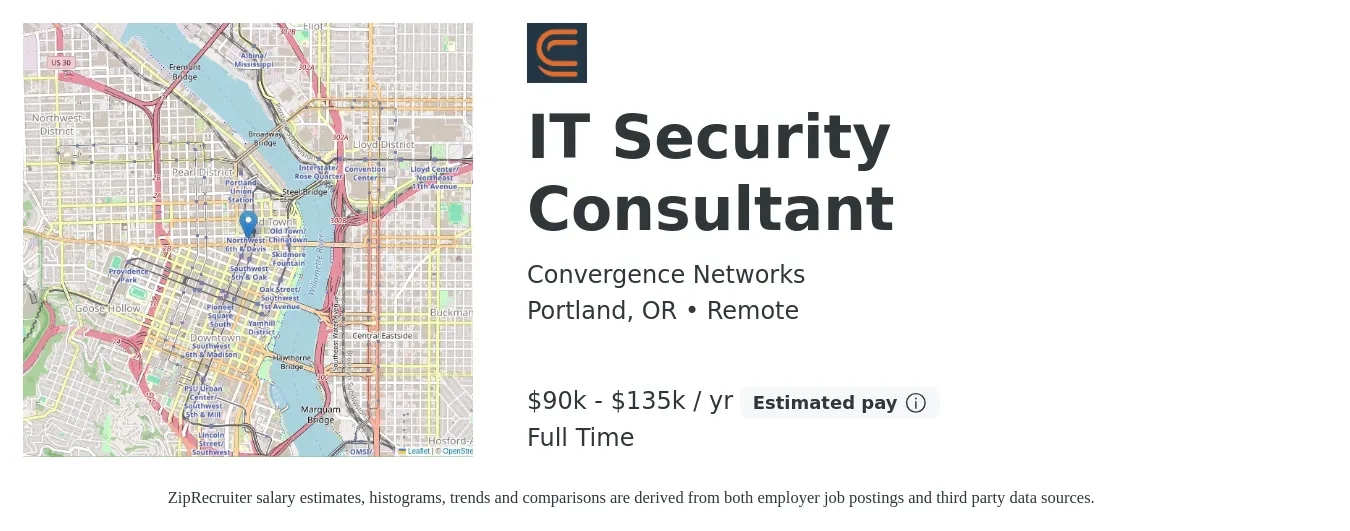 Convergence Networks job posting for a IT Security Consultant in Portland, OR with a salary of $90,000 to $135,000 Yearly with a map of Portland location.